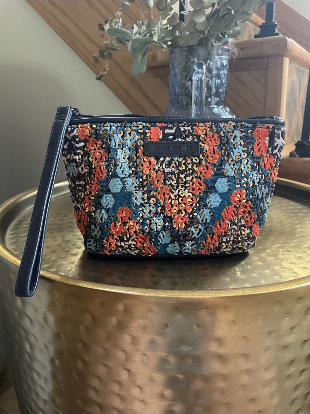 Vera Bradley Navy, Orange & Light Blue Embroidered Wristlet With Wrist Strap